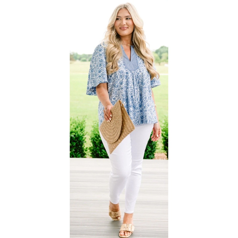ChicSoul 1X Blue White Floral Cotton Peplum Blouse Plus Size Cottagecore Boho - Picture 2 of 10
